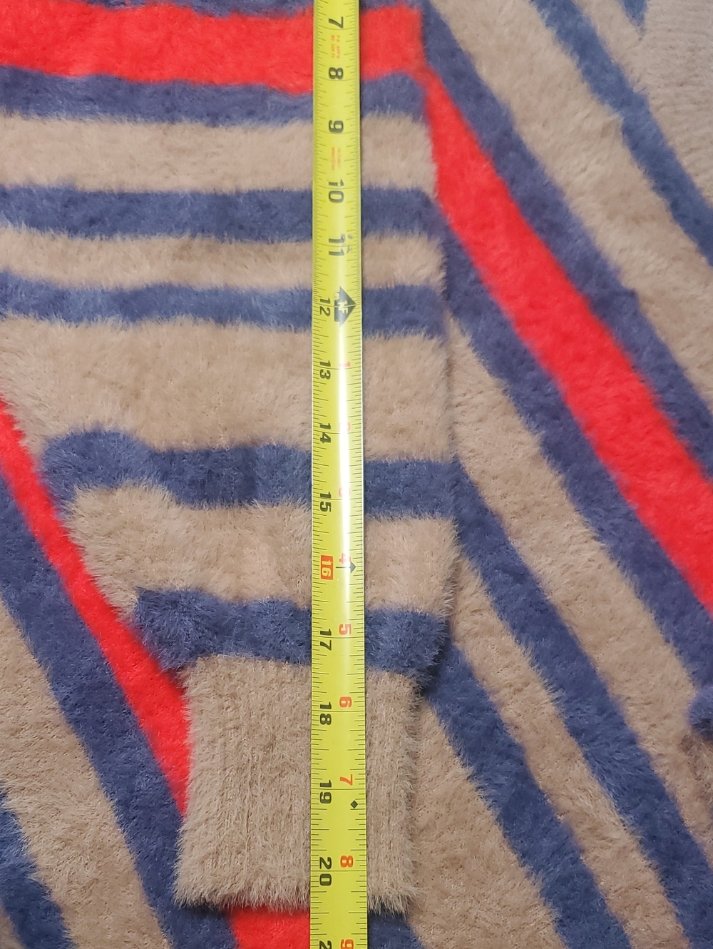 Aerie Flurry Crew Cozy Striped Fuzzy Sweater Tan, Navy & Red Size XS Oversized - Picture 15 of 16